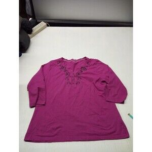 Laura Scott Purple Top Floral Beaded Embroidery Sz XL 3/4 Sleeve Cotton
